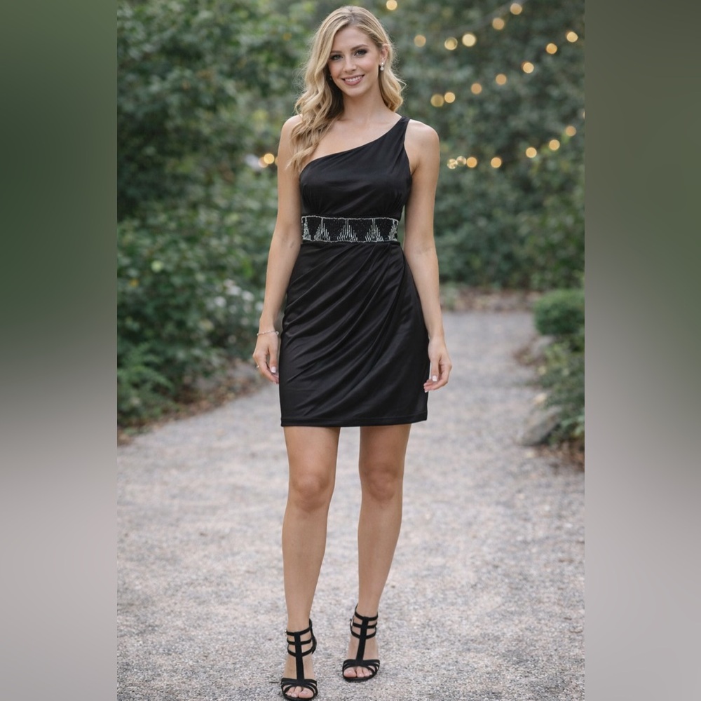 Love Tease Black One-Shoulder Beaded Ruched Cocktail Homecoming Dress Juniors 9 - Picture 11 of 11